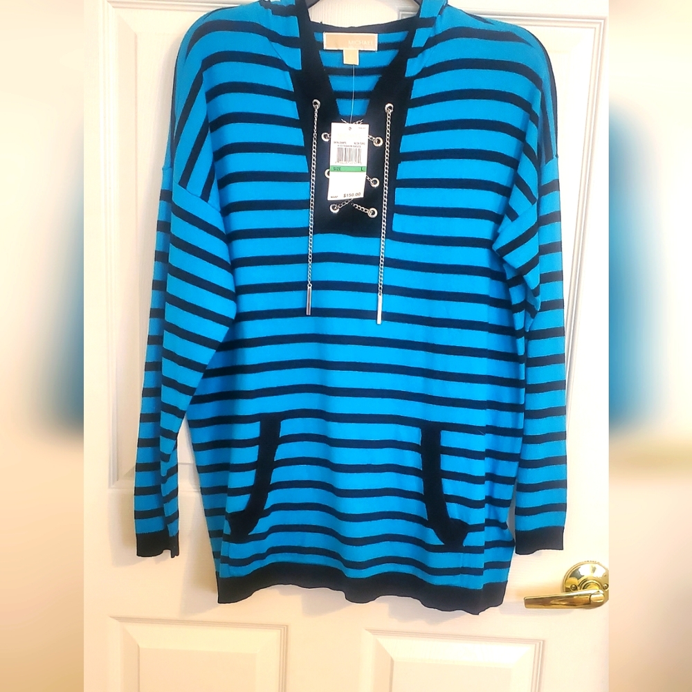 MICHAEL KORS Women's Chain Lace-up  Striped V-Neck Sweater
